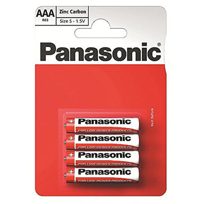 A pack of four Panasonic R03 AAA zinc-carbon 1.5V batteries in red and white packaging.