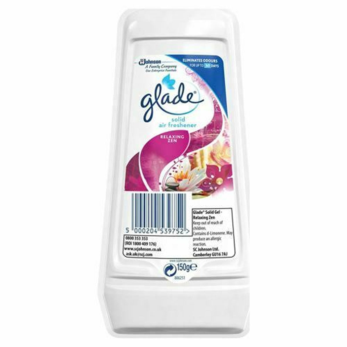 A bottle of Glade hand sanitizer on a white background.