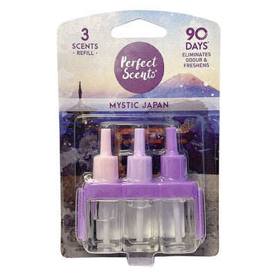 Three 20ml Perfect Scents Mystic Japan Air Freshener Refill bottles deliver a Japanese garden fragrance and up to 90 days of freshness and odor elimination.