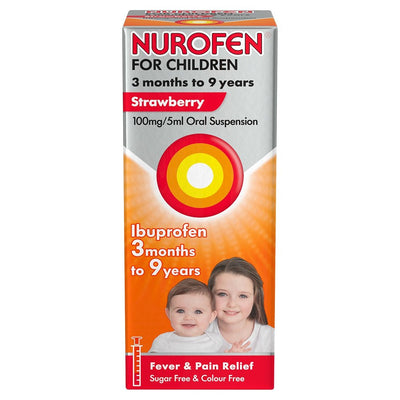 Nurofen - For Children Strawberry 100ml, 100mg/5ml oral suspension for ages 3 months to 9 years, features two children and product info on the front.