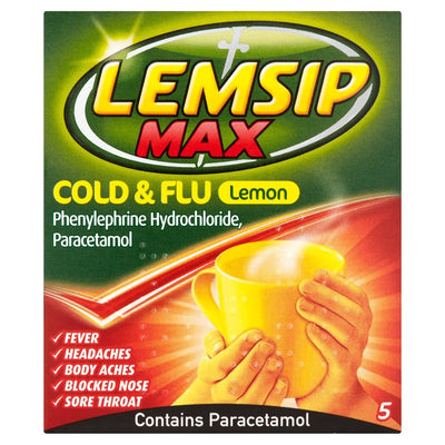 Lemsip Max Cold & Flu Lemon (5 Sachets) by Lemsip relieves headache, fever, sore throat, and nasal congestion with phenylephrine hydrochloride and paracetamol. Image: hands holding a yellow mug.