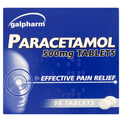Galpharm Paracetamol 500mg, 16 tablets, in a blue box, branded by Galpharm and labeled for effective pain relief.