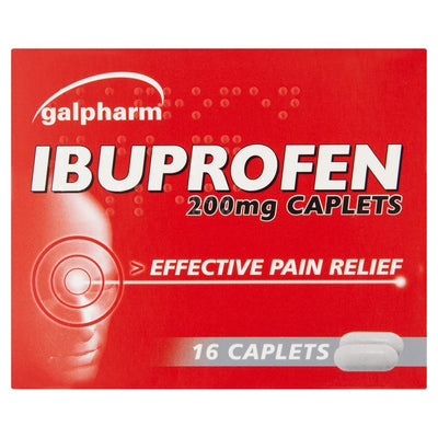 Galpharm - Ibuprofen 200mg Caplets, 16 count box by Ibuprofen, features effective pain relief messaging on a red background with white text.