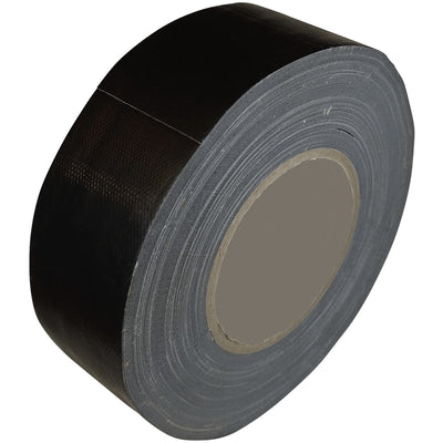 A roll of GSD - Black Small Duct Tape by GSD, featuring strong adhesion and a visible cardboard core, is displayed against a plain background.