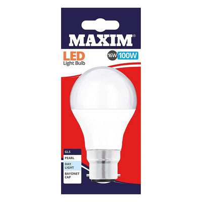 Maxim - LED Bayonet Light Bulb 100W (16W actual), daylight, white, GLS, pearl finish, bayonet cap—packaging by Maxim.