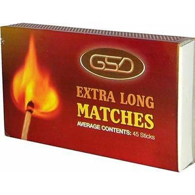 A box of GSD - Extra Long Matches by GSD, featuring a lit match and indicating an average of 45 sticks on the front.