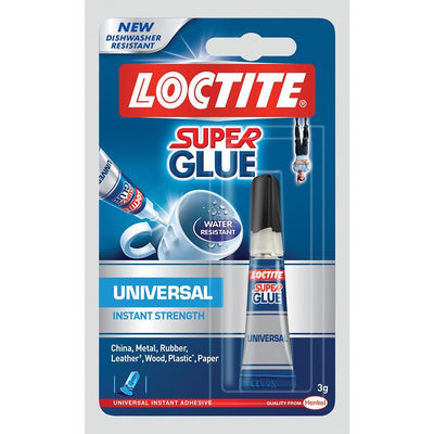 A 3g tube of Loctite - Universal Gel Superglue offers instant strength and water resistance, suitable for china, metal, rubber, leather, wood, plastic, and paper.