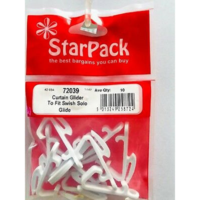 A Star Pack - Swish Solo Glide bag from Star Pack, red in color, containing white curtain gliders. Product name and barcode are visible on the packaging.