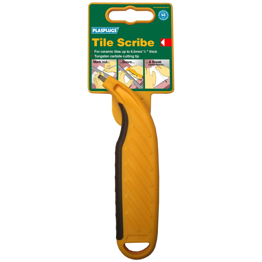 The Plasplugs Tile Cutter is a yellow tile scribe with a black grip, designed for marking and cutting ceramic tiles up to 6.5mm thick, and comes packaged for sale.