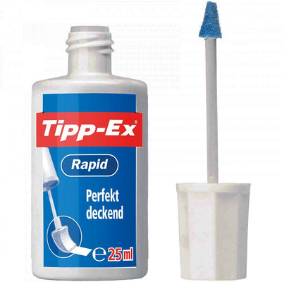 A bottle of Tipp-Ex Rapid Correction Fluid (20ml) by Tipp-Ex with the cap removed, revealing the applicator brush. The label is in German.