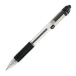 The Zebra Z-grip Smooth Silver Black Ink Pen, featuring a clear barrel, black grip, and click mechanism, is displayed at an angle on a white background.