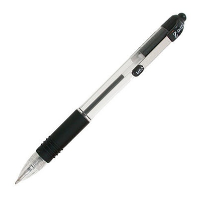 The Zebra Z-grip Smooth Silver Black Ink Pen, featuring a clear barrel, black grip, and click mechanism, is displayed at an angle on a white background.