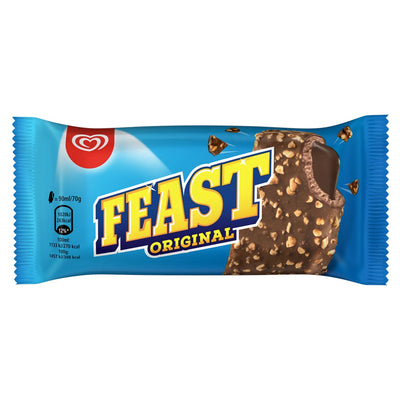 A blue wrapper of Feast Original - Ice Cream Stick 90ml, by Feast, shows a chocolate-covered ice cream with nut pieces and bold yellow text on the front.