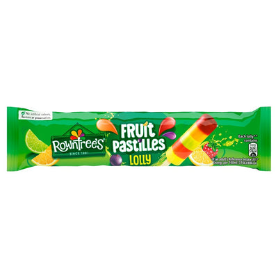 Rowntree's Fruit Pastilles Ice Lollies 65ml packaging features colorful fruit images and a red, yellow, and green ice lolly on a green background.