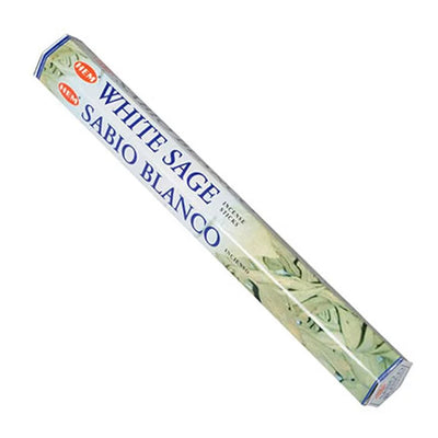 A rectangular box labeled "HEM - White Sage Incense - 20 Stick," featuring a light green design and red HEM logos on the corners.
