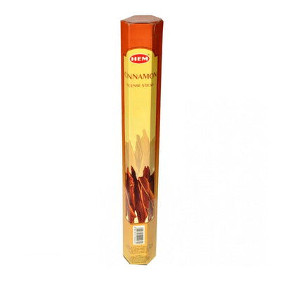 A rectangular box of HEM Cinnamon Incense - 20 Sticks by HEM, featuring cinnamon stick images on the packaging.
