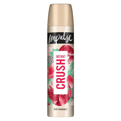 A 75ml can of Impulse - Instant Crush Body Fragrance Spray Deodorant with a beige cap and a vibrant red, green, and black label.