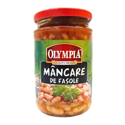 A 314g glass jar of Olympia - Beans Stew by Olympia, with a red lid and green label featuring the brand and product name, filled with hearty beans in a savoury stew.