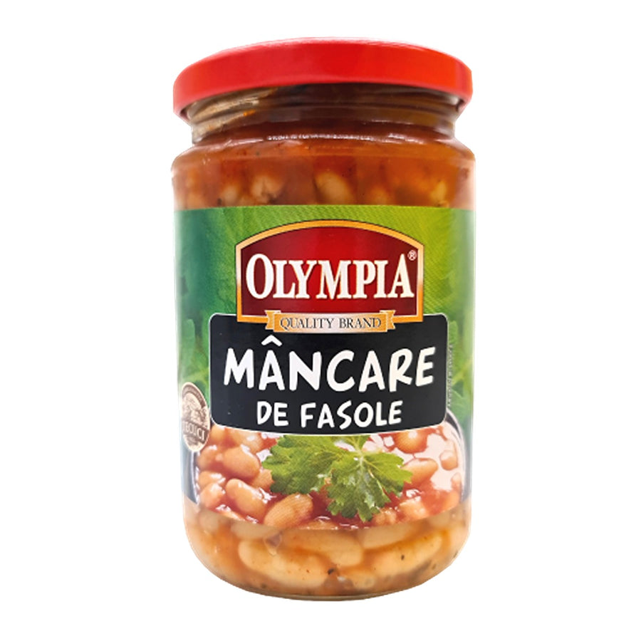 A 314g glass jar of Olympia - Beans Stew by Olympia, with a red lid and green label featuring the brand and product name, filled with hearty beans in a savoury stew.