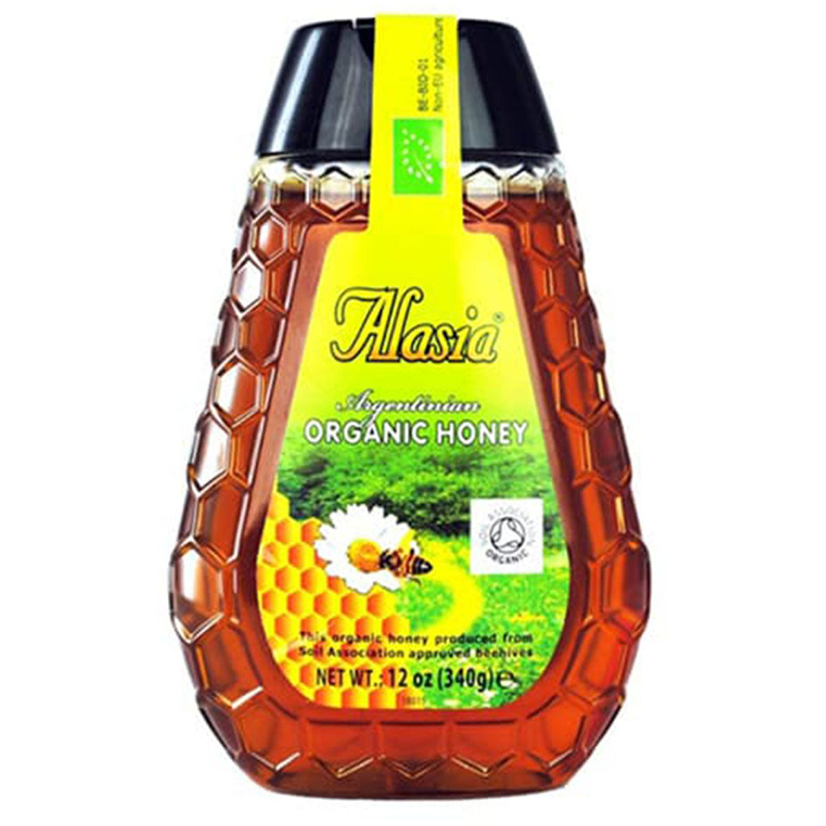 An Alasia – Argentinian Organic Honey Squeezy – 340g bottle on a white background.