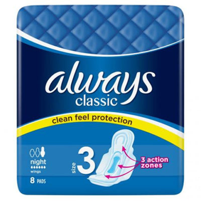 Always Classic Night With Wings by Always offers "clean feel protection" and "3 action zones." Each pack contains 8 sanitary pads, size 3, designed for night use.