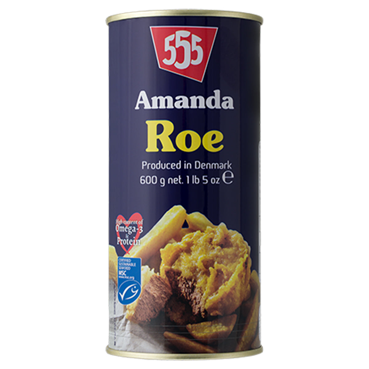 A can of "555 Amanda - Roe - 600g" with a visual of fried fish and mashed potatoes, labeled as a product of Denmark, weighing 600 grams.