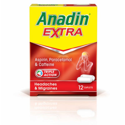 A box of Anadin Extra Pain Relief Tablets (12 caplets) by Anadin, for headache and migraine relief, with aspirin, paracetamol, and caffeine. Features red and yellow packaging.