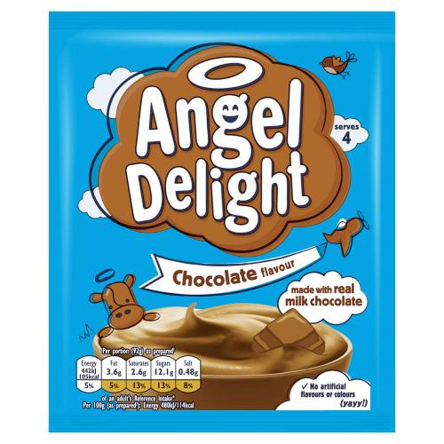 A 59g blue packet of Angel Delight Chocolate Flavoured Instant Dessert, featuring a swirl of mousse and cartoon cows, is made with real milk chocolate and serves 4.