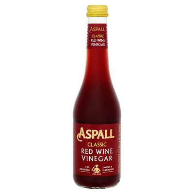 A 350ml glass bottle of Aspal Red Wine Vinegar stands upright on a white background, featuring a yellow cap and red label.