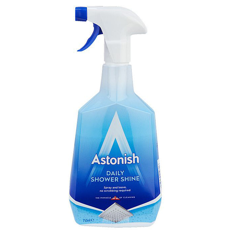 A 750ml blue and white Astonish Daily Shower Shine Cleaner spray bottle with instructions to spray and leave—no scrubbing needed.