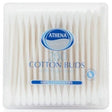 Athena - Cotton Buds with Paper Stem, 200 pack: clear plastic box of vertically arranged cotton buds with 100% cotton tips.