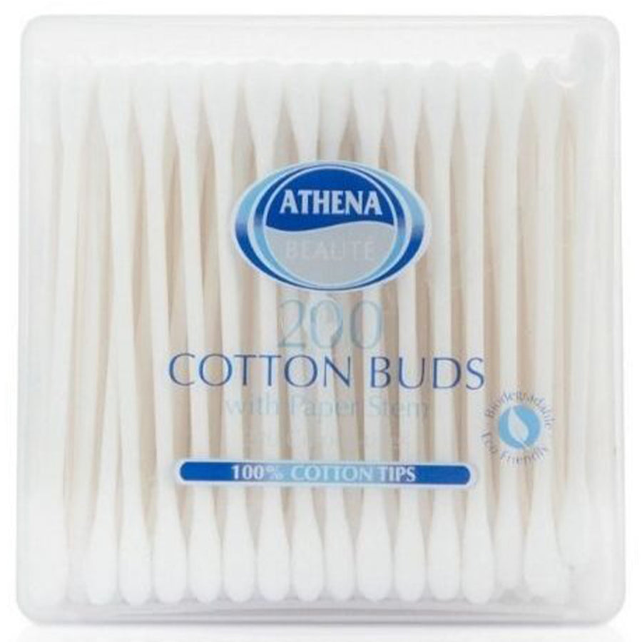 Athena - Cotton Buds with Paper Stem, 200 pack: clear plastic box of vertically arranged cotton buds with 100% cotton tips.