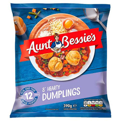 Aunt Bessie's 8 Hearty Dumplings (390g) pack shows the dumplings served with stew, features a 12-minute cook time, and lists product details below.