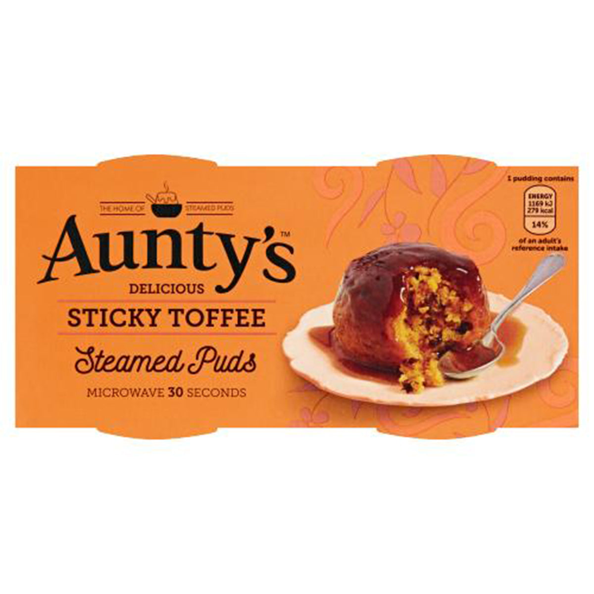 Packaging of Aunty's Delicious Sticky Toffee Steamed Puds - 190g, ready in 30 seconds.