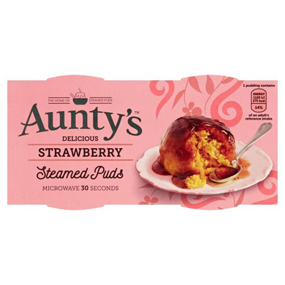 Packaging for Aunty's Delicious Strawberry Steamed Puds - 190g, ready in 30 seconds in the microwave.