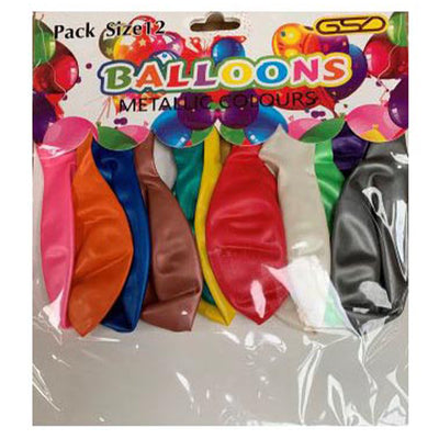 The GSD - Balloons - 12 Pieces pack includes twelve uninflated metallic balloons in assorted colors, packaged in plastic with a colorful "Balloons Metallic Colours" label.