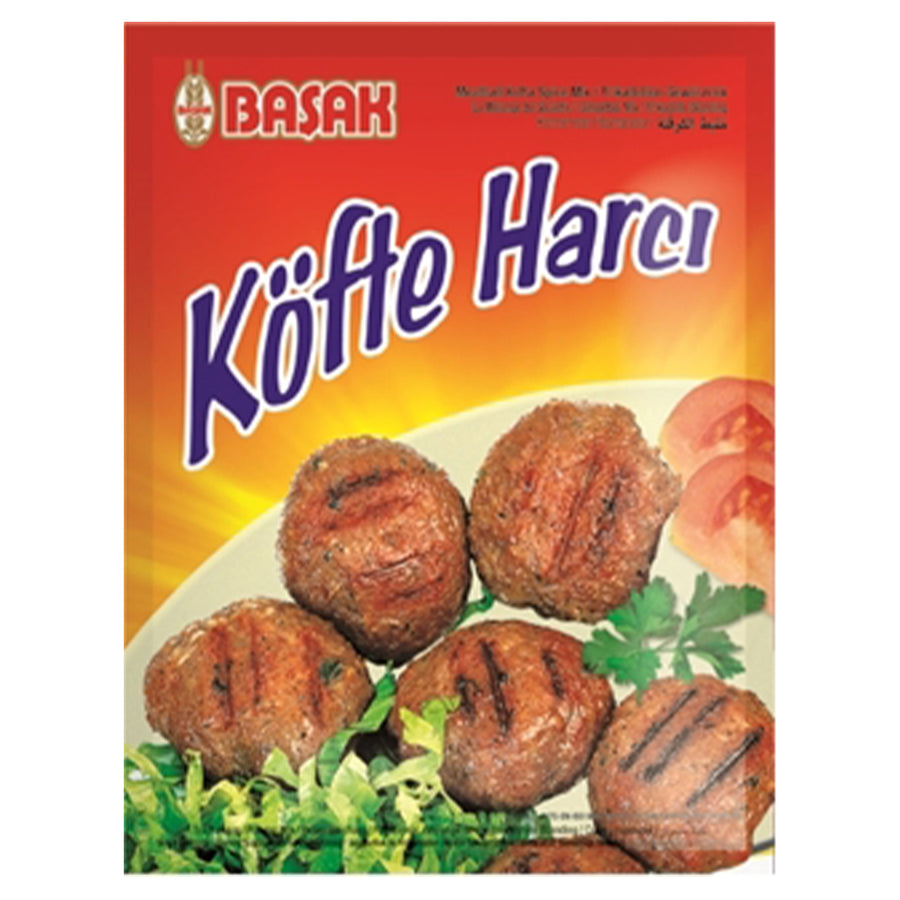 A 100 g Basak - Meatball Spice Mix package by Basak, showing grilled meatballs with parsley and tomato slices on the front.