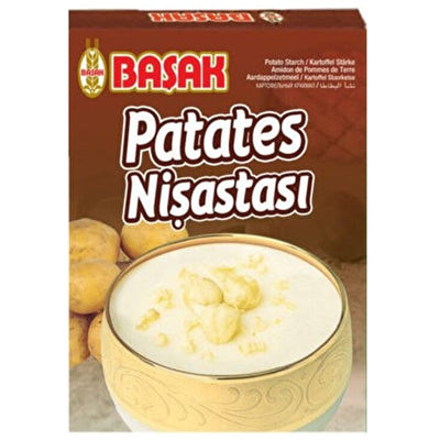 Basak - Potato Starch - 200g is ideal for thickening sauces or making crispy coatings. The packaging displays a creamy white dish and whole potatoes.