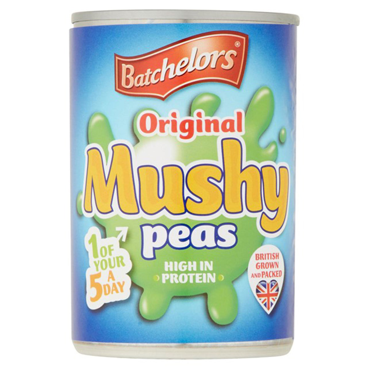 A can of Batchelors - Original Mushy Peas - 300g on a white background.