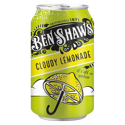A 330ml can of Ben Shaws Cloudy Lemonade with bright yellow-green graphics, a lemon slice as an umbrella handle, and "British since 1871" text.