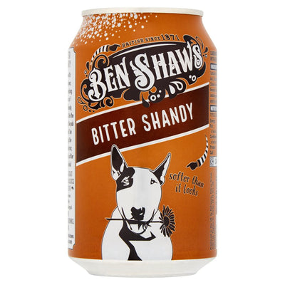 A 330ml can of Ben Shaws - Bitter Shandy, mainly brown and orange, featuring a black and white dog holding a flower in its mouth.