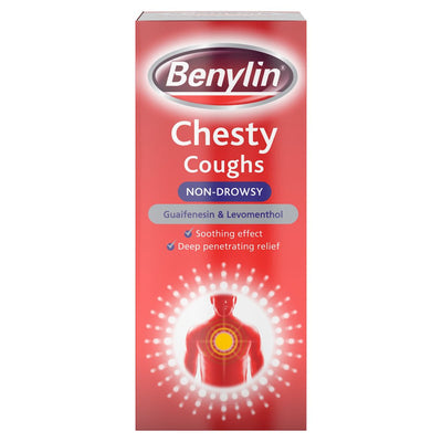 Benylin - Chesty Cough Syrup Non-Drowsy 150ml in a red box, featuring guaifenesin and levomenthol, with chest relief imagery on the packaging.