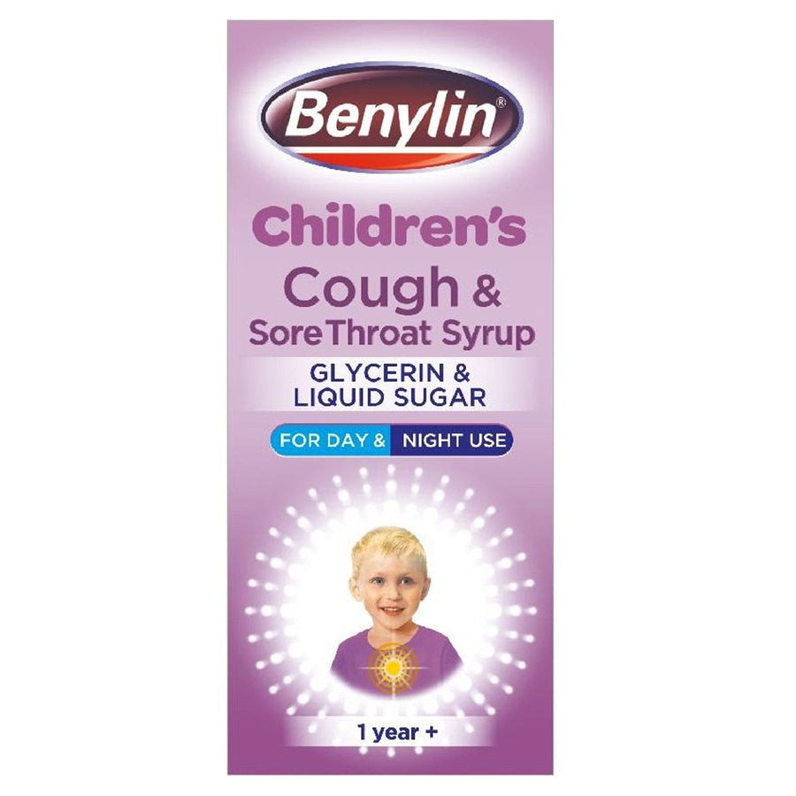 The front label of Benylin - Children's Cough & Sore Throat Syrup 1 Year+ (125ml) shows a smiling child and highlights sore throat relief with glycerin and liquid sugar, suitable for day or night use. Brand: Benylin.