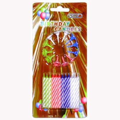GSD - Birthday Candles - 12pcs by GSD: Colorful striped candles with a plastic holder ring, perfect for birthdays. Shown on a brown background with balloons and text "Birthday Candles.