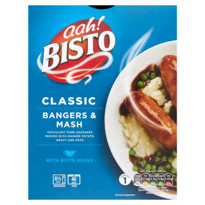 Bisto - Bangers & Mash - 375g features sausages with mashed potatoes, peas, and gravy served on a white plate.