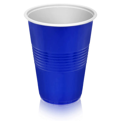 A single Essential 16oz blue plastic party cup with a white interior, from the Essential - 6 Plastic Blue Party Cups set, stands upright on a white background.