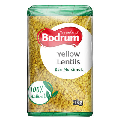 A 1kg pack of Bodrum Yellow Lentils, labeled as 100% natural, features English and Turkish text on the front.