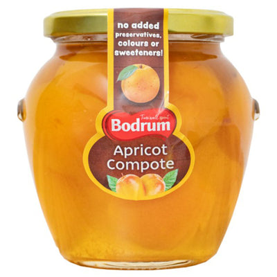 Bodrum Apricot Compote 540g comes in a glass jar with gold lid and a label stating "no added preservatives, colours or sweeteners." Ideal as an apricot spread for toast or dessert.