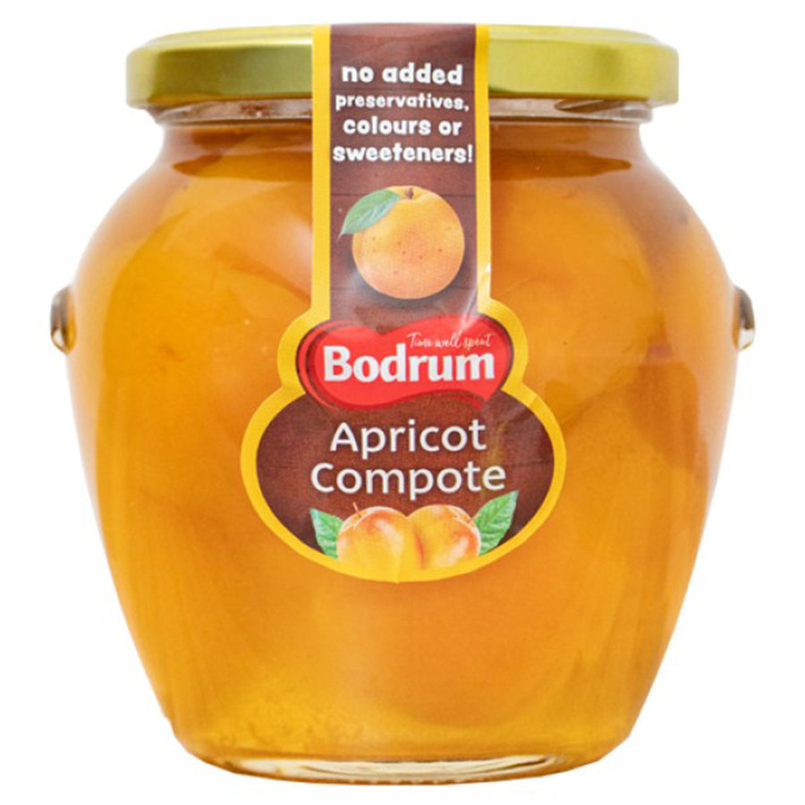 Bodrum Apricot Compote 540g comes in a glass jar with gold lid and a label stating "no added preservatives, colours or sweeteners." Ideal as an apricot spread for toast or dessert.