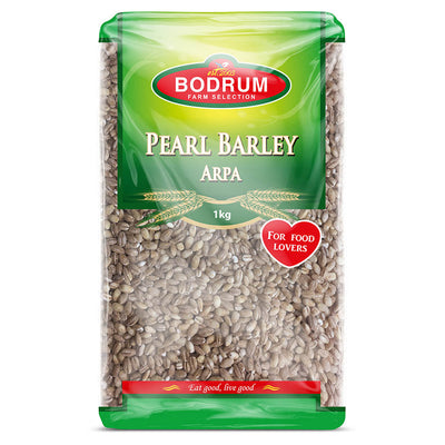 A 1kg package of Bodrum Barley Pearls features a green label with a clear window displaying the grains inside.